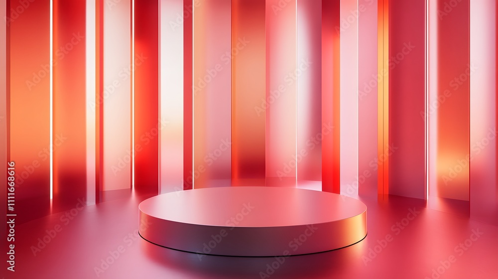 Poster a metallic podium against a backdrop of soft gradient walls in an expansive, empty room, creating a 