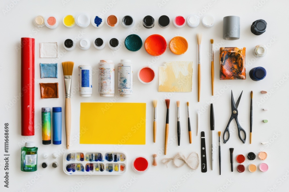 Poster hobby tools including brushes, scissors, and paints are neatly laid out on a white surface, offering