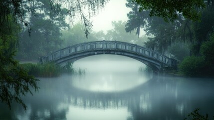 A foggy bridge stretches over calm waters, shrouded in mist, creating an atmosphere of mystery and intrigue