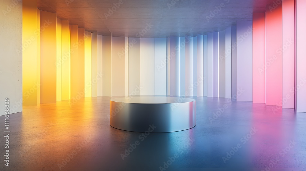 Poster a metallic podium against a backdrop of soft gradient walls in an expansive, empty room, creating a 