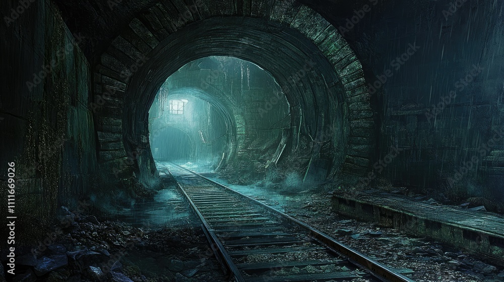 Aufkleber A foreboding railway tunnel with damp, cracked walls and partially submerged tracks leading into the distance, creating an eerie atmosphere