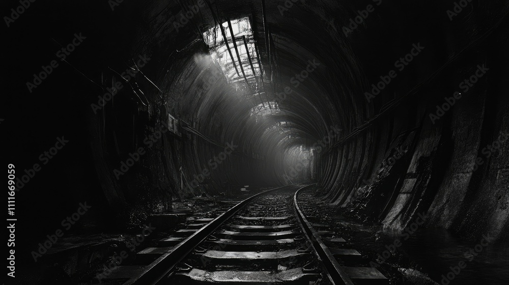 Aufkleber A foreboding railway tunnel with damp, cracked walls and partially submerged tracks leading into the distance, creating an eerie atmosphere