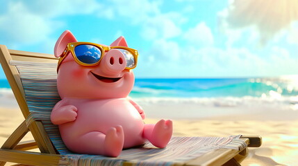 A cute piglet in sunglasses basks in the sun on a beach chair, creating a lighthearted and playful summer scene.