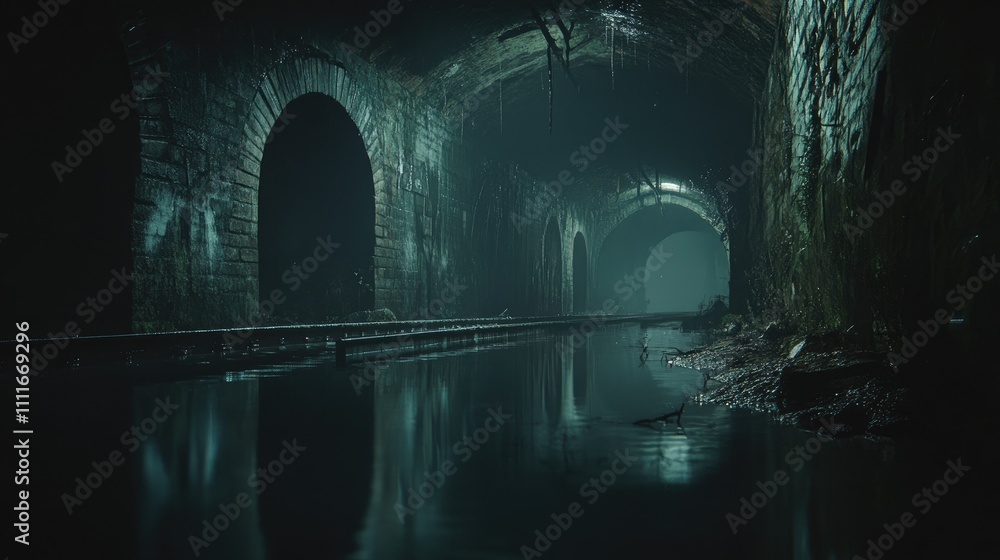 Poster a gloomy railway tunnel with submerged tracks and damp, cracked walls, reflecting the stagnant water
