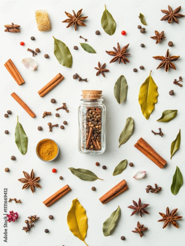 Aufkleber Colorful spice jars and aromatic herbs create an inviting culinary scene on a clean white surface. Generative AI