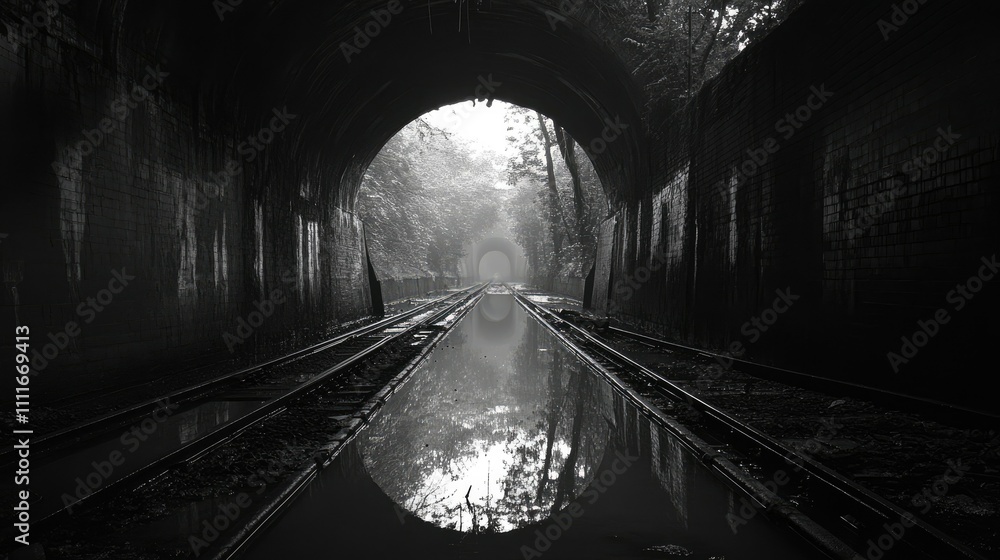 Poster a gloomy railway tunnel with submerged tracks and damp, cracked walls, reflecting the stagnant water