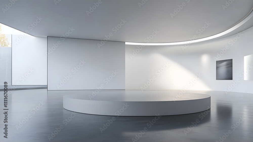 Aufkleber a circular podium in a large, minimalistic room with smooth concrete floors and expansive white wall