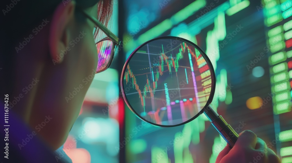 Poster a magnifying glass focuses on vibrant stock charts and financial data, drawing attention to key mark