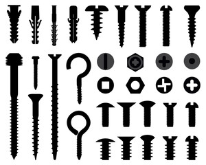 Black silhouettes of  wall plugs, bolts, nuts and screws