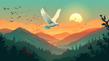 Naklejka premium World Day of Peace. A serene depiction of white doves soaring across a vibrant sunrise, symbolizing peace and hope.