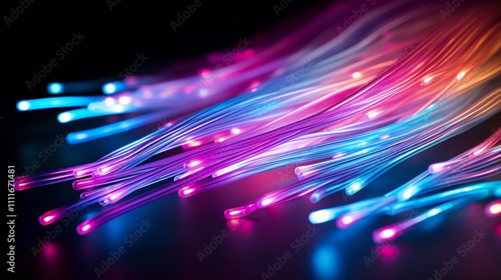 Poster mesmerizing close up of glowing luminescent fiber optic strands illuminating a dark futuristic envir