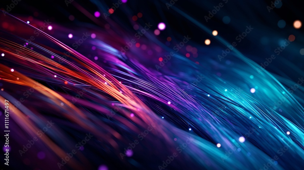 Aufkleber close up view of vibrant fiber optic strands emitting a mesmerizing glow against a dark atmospheric 
