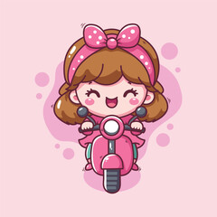 Cute girl riding a scooter. Vector illustration. Cartoon style.