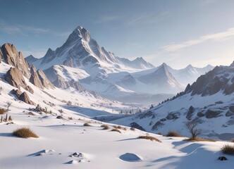 A peaceful snowy landscape with a mountain range in the foreground, icy, silent, frozen