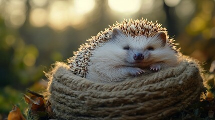 Naklejka premium Cute hedgehog resting in a cozy rope nest at sunset.