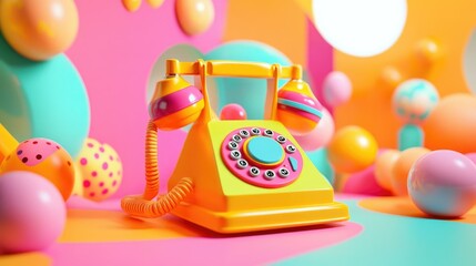 A playful, retro-style telephone in bright hues, placed against a vibrant background, evoking a...