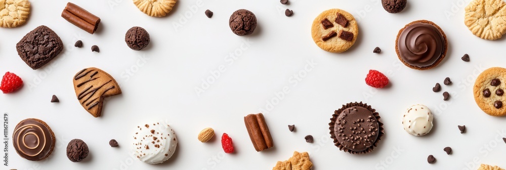 Poster delicious cookies and sweets are artistically scattered on a white surface, inviting creativity with