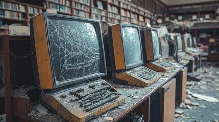 Fototapeta premium A row of decaying computer monitors with cracked screens and dust, abandoned in a library with scattered debris and neglect