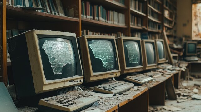 A row of outdated, decaying computer monitors with cracked screens, sitting in a dusty, abandoned library with scattered debris