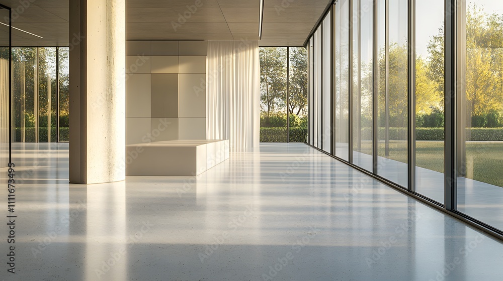 Poster a stone podium in an ultra-modern gallery with floor-to-ceiling windows letting in soft daylight, cr