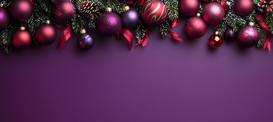 A purple background with a border of hanging Christmas ornaments and ribbons, leaving space for text or design elements,


