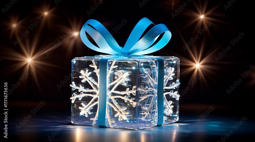 Poster a visually captivating new year gift box designed as a glowing snowflake featuring intricate pattern