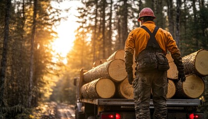 A lumber worker oversees a truck loaded with logs in a sunlit forest setting.
