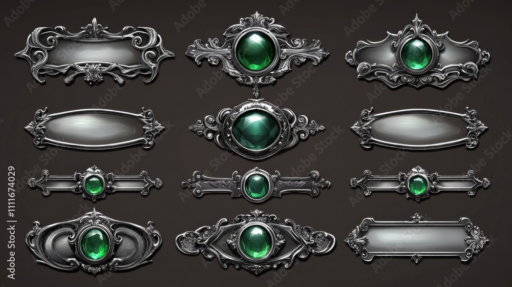 Poster silver buttons with fantasy frames in medieval style and green gems for rpg game ui design. vector c