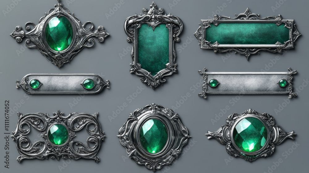 Poster silver buttons with fantasy frames in medieval style and green gems for rpg game ui design. vector c