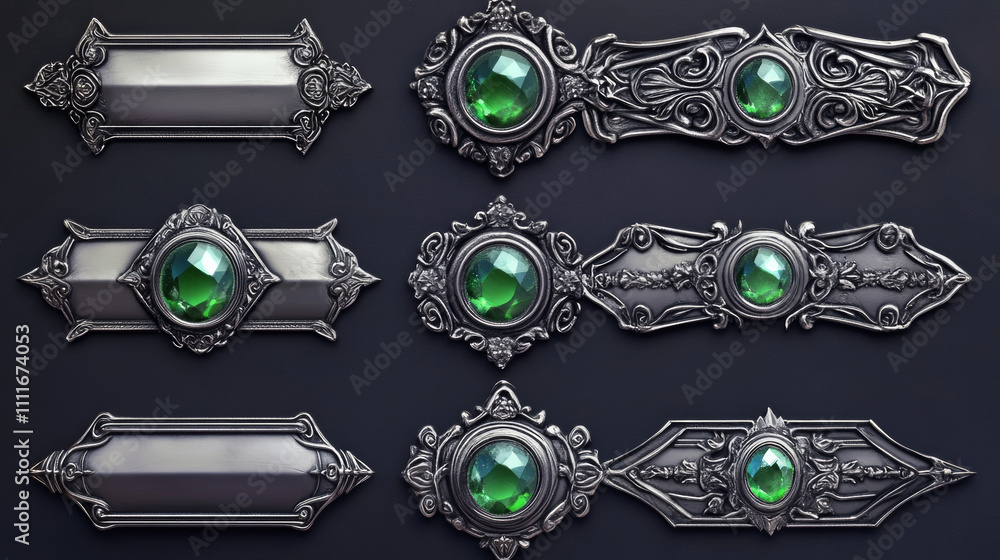 Poster silver buttons with fantasy frames in medieval style and green gems for rpg game ui design. vector c