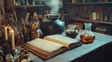 Witch house with magic book. Old alchemist halloween laboratory room interior object set. Isolated cartoon fantasy game clipart. Cauldron with potion, branch and glass bottle for elixir decoration.