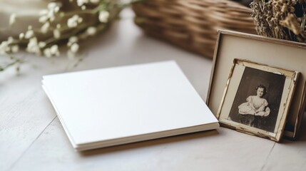 Fototapeta premium Blank Paper Card next to a Vintage Photograph