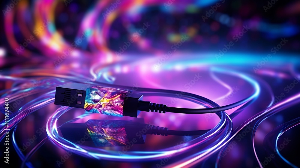Poster futuristic high speed data cable plugged into a sleek vibrant lighting device representing advanced 