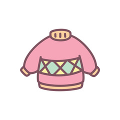 Kawaii ugly sweater icon. Hand drawn illustration of a red knitted jumper with ornament isolated on a white background. Cute Christmas sticker. Vector 10 EPS.