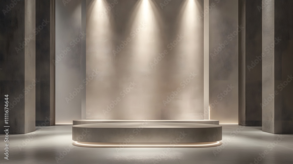 Poster a floating podium illuminated by spotlights in a large, open room with light gray walls, perfect for
