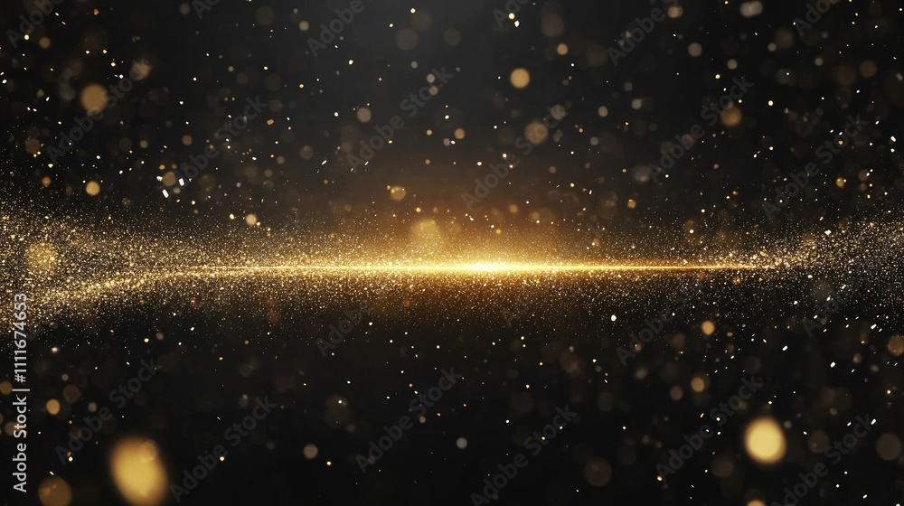 Poster a shimmering black background with golden sparkles and a rectangular frame, ideal for elegant invita