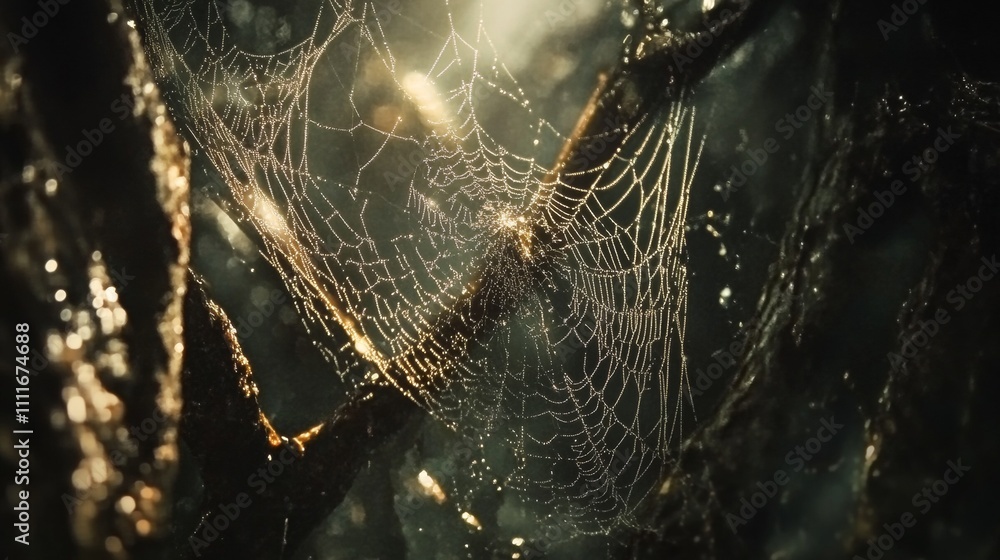 Poster macro image of a spider on cobweb with dew drops glimmering in sunbeams among tree branches