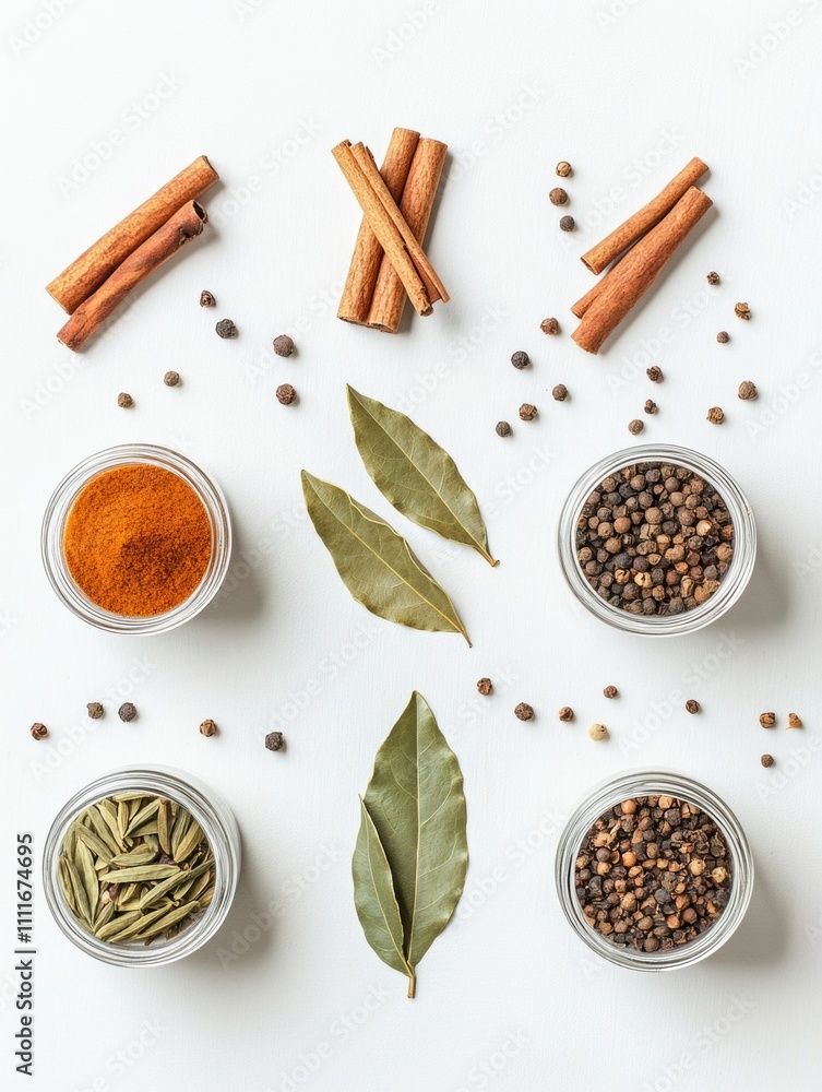 Aufkleber Small jars filled with vibrant spices are arranged with bay leaves and cinnamon sticks, creating an aromatic display with space for text. Generative AI