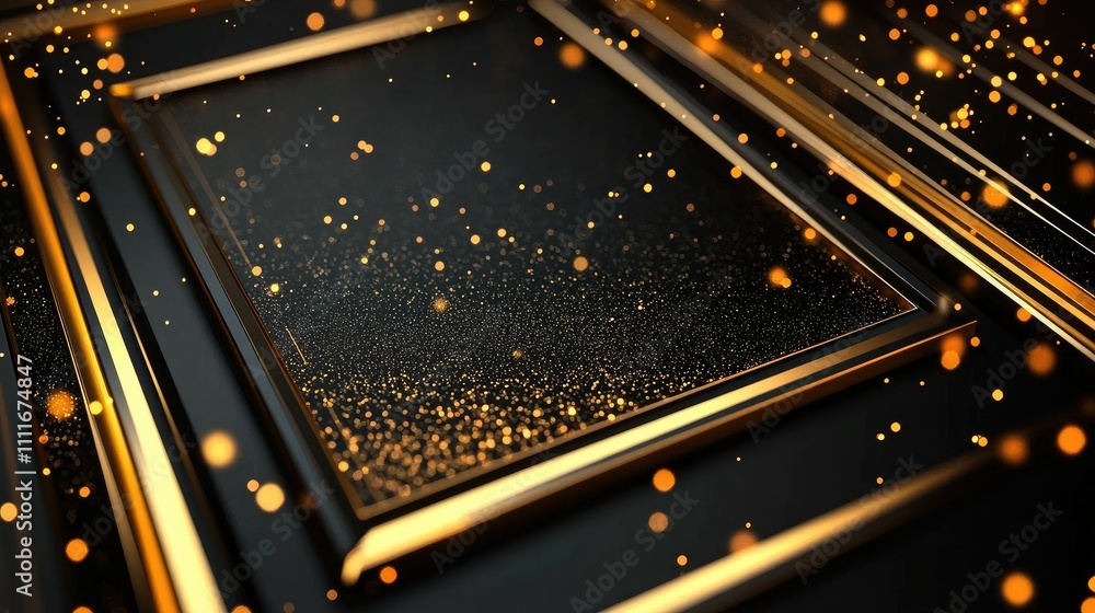 Aufkleber A shimmering black surface with golden sparkles, framed elegantly with a rectangular border for refined invitations and presentations