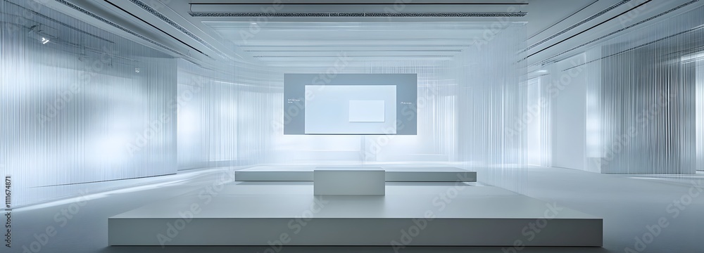 Poster a transparent podium in an empty room with soft, diffused lighting and smooth white walls, offering 