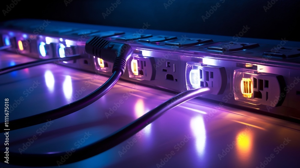 Poster close up view of a modern power strip with multiple electrical sockets glowing switches and bright l