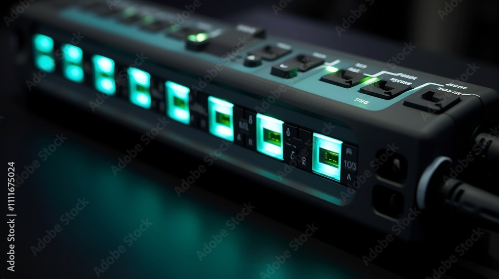 Poster close up view of a sleek and modern power strip featuring multiple glowing switches and electrical o