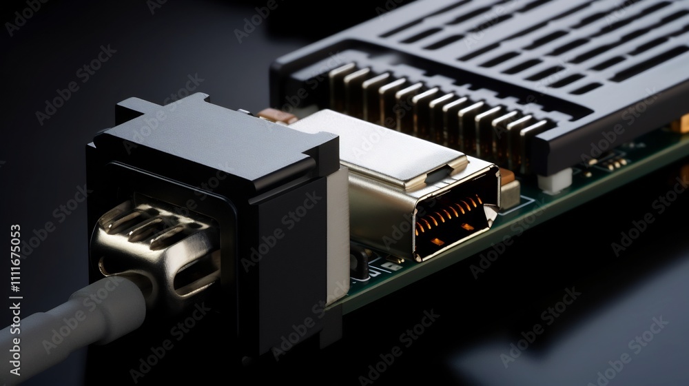 Poster closeup shot of a network adapter connector with a slightly tilted angle showcasing its intricate me