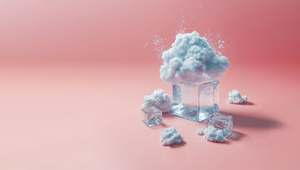 A creative white fluffy cloud with ice cubes in the style of minimal art, placed on a solid background, designed for advertising and weather forecasting purposes