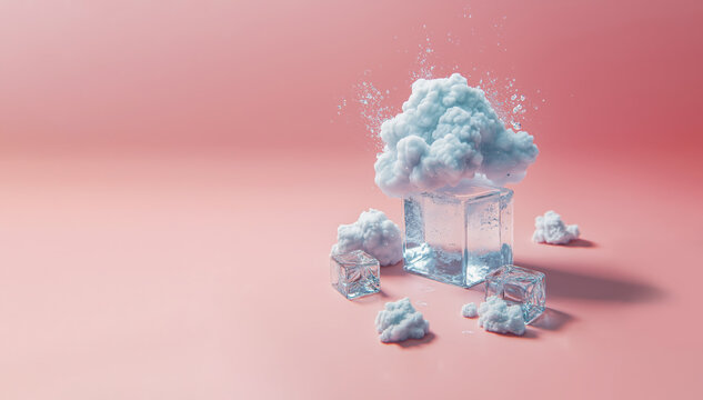 A creative white fluffy cloud with ice cubes in the style of minimal art, placed on a solid background, designed for advertising and weather forecasting purposes
