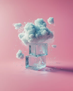 A creative white fluffy cloud with ice cubes in the style of minimal art, placed on a solid background, designed for advertising and weather forecasting purposes