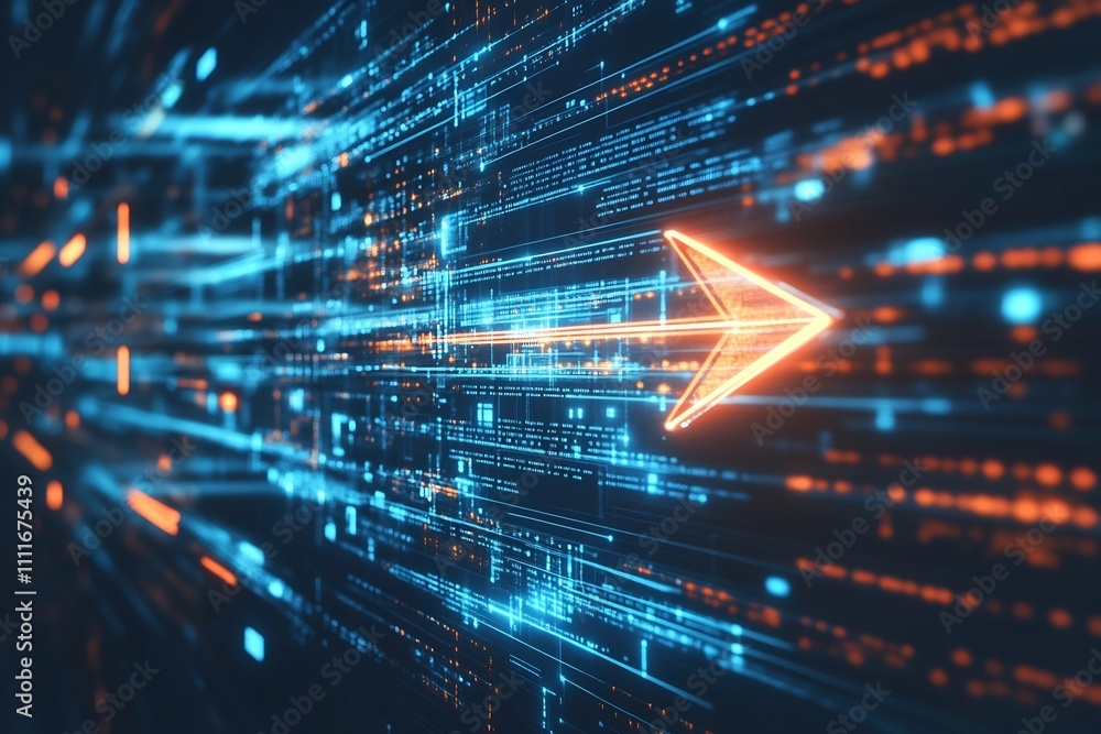 Poster digital blue arrow pointing forward on futuristic tech background