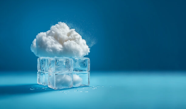 A creative white fluffy cloud with ice cubes in the style of minimal art, placed on a solid background, designed for advertising and weather forecasting purposes