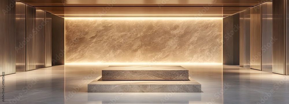 Poster a stone podium with a polished surface in a spacious, open room with soft, warm lighting and ample e