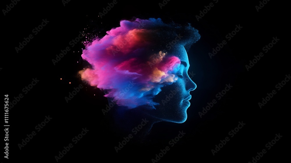 Poster dissolving digital face fusion of humanity and technology in colorful particles